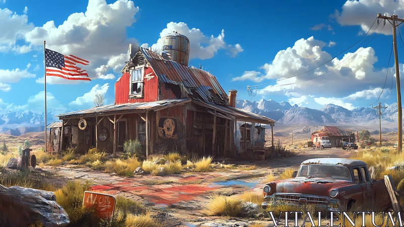 Sunlit desert gas stop where rusted memories still linger.