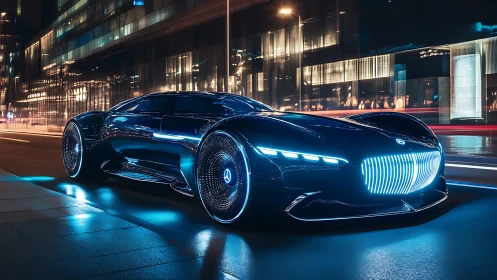 Neon-clad future coupe prowls through glassy midnight streets