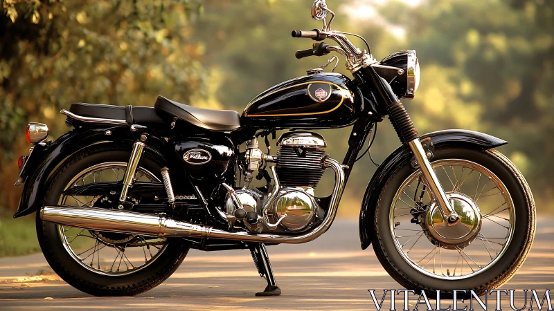Classic black motorcycle with chrome detailing under soft daylight