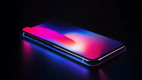 Sleek smartphone glows in neon gradients against dark void