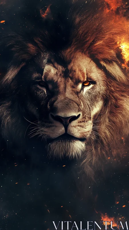 Fire crowned lion emerging from cosmic embers of night.