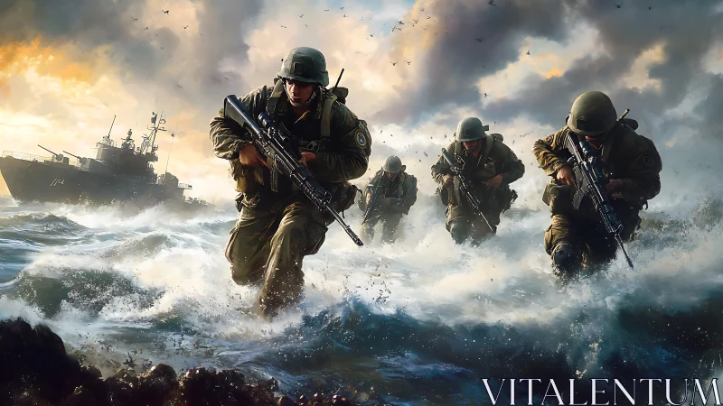 Armed soldiers advancing through surf from naval vessel.