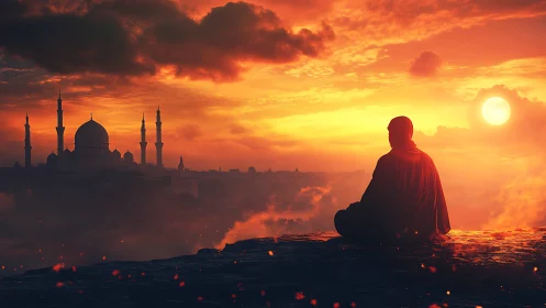 Solitary cloaked figure watching mosque at blazing sunset.