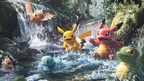 Pokemon characters play in bright forest waterfall stream.