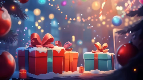 Snow-covered gift boxes are arranged beneath blurred lights