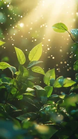 Sunlit dew dances across emerald morning leaves in hush.