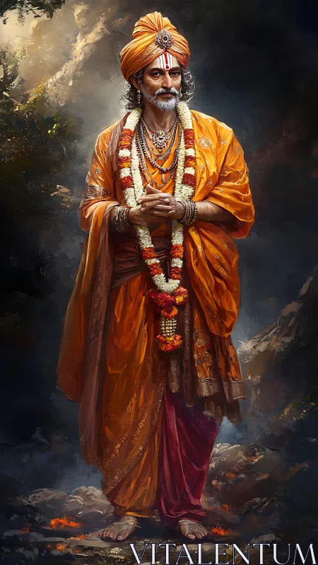 Serene Hindu sage stands in vivid saffron robes and garlands.