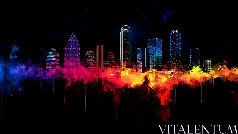 Neon city skyline with multicolor abstract light clouds.
