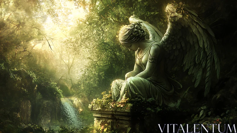 Forest angel statue dreaming in moss-touched twilight hush.