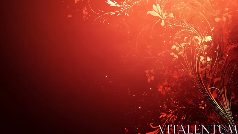 Radial crimson gradient with vector floral filament structures.
