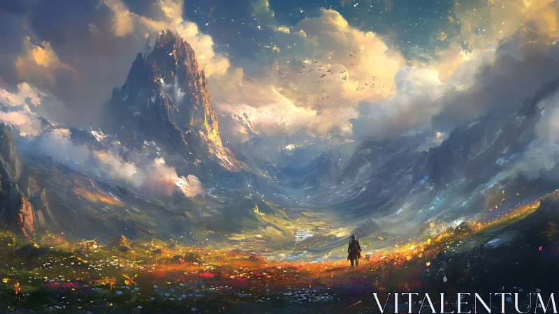 Lone wanderer crossing a glowing valley toward misty peaks.