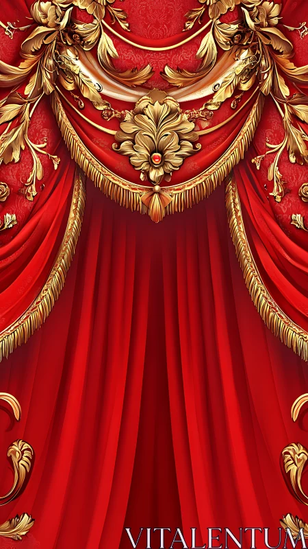 Opulent red stage curtain frames ornate golden baroque drapery