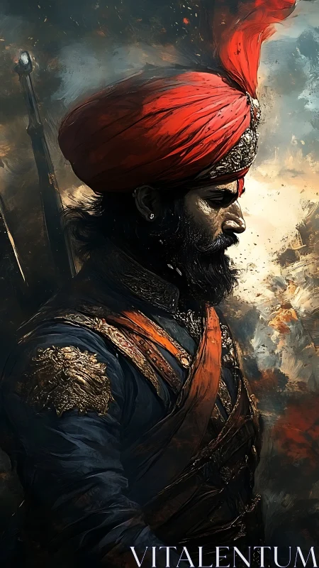Profile portrait of armed turbaned man in ornate uniform.