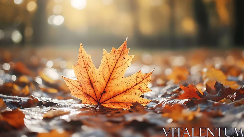 Golden maple leaf on wet autumn ground at sunrise.