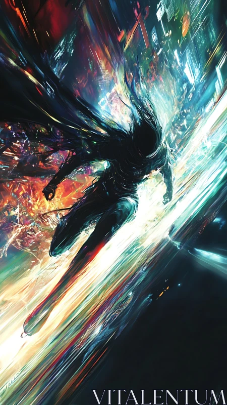 Neon runner leaping through a storm of electric city light.