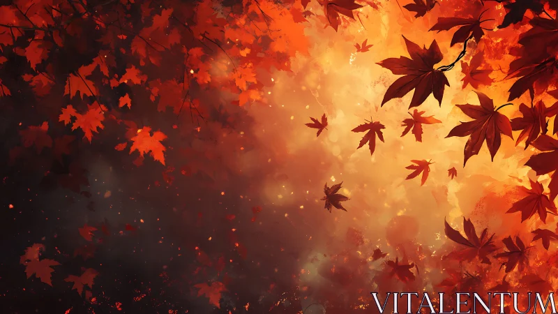 Digital painting of autumn maple canopy with radiant bokeh field.