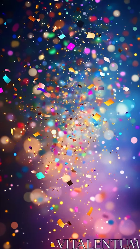 Iridescent confetti cascade over bokeh-lit twilight field.