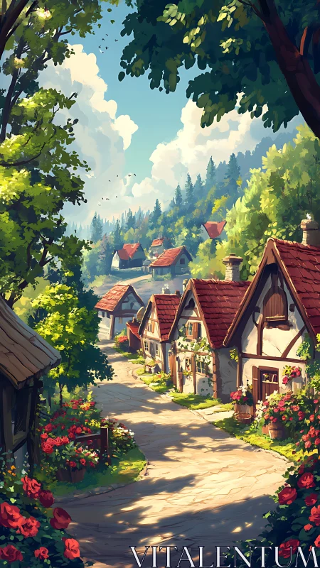 Sunlit village lane with stylized cottages and layered foliage depth