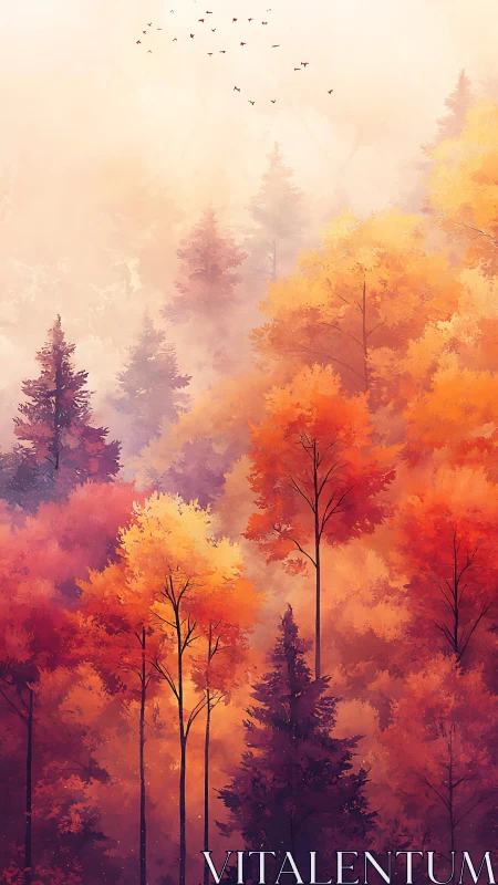 Autumn's Misty Embrace: A Forest Ablaze.