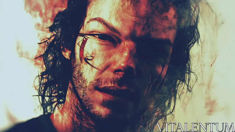 Digitally processed close-up portrait shows layered male face