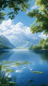 Tranquil mountain lake with lilies and soft summer light.