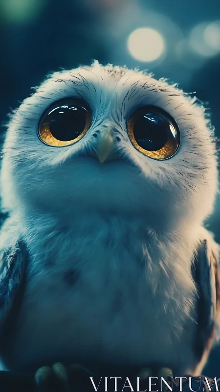 Tiny wide-eyed owl gazes up in dreamy blue light.