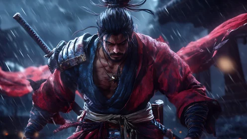 Battle-worn samurai warrior in storm-lit cinematic rain scene.