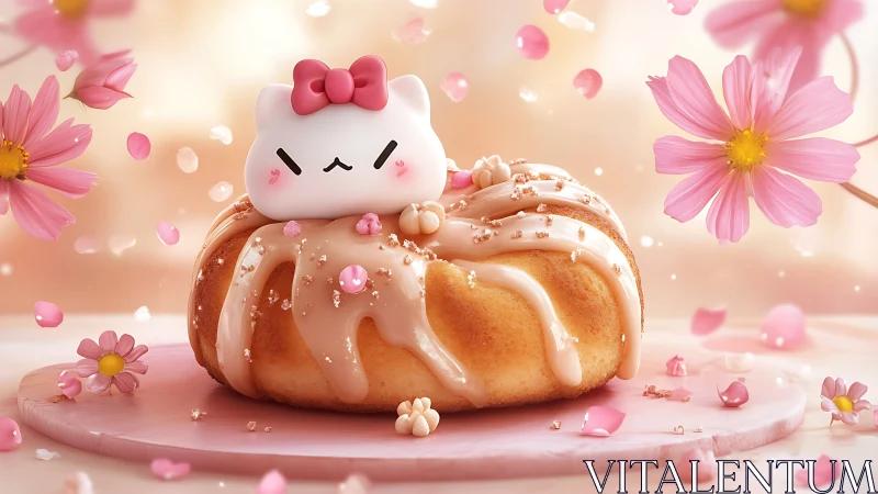 Stylized Cat-Topped Pastry with Pink Floral Setting