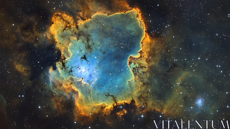 Nebular ember doorway framing a turquoise stellar cradle.