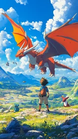 Anime landscape showdown with soaring crimson dragon guardian.