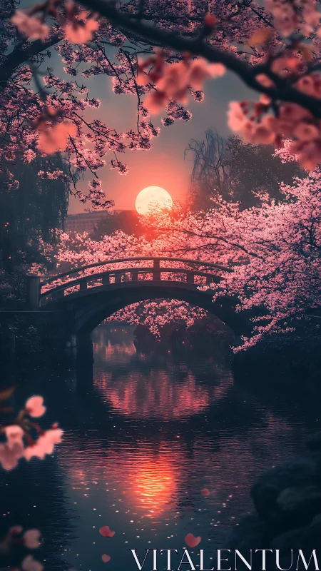 Moonlit cherry bridge mirrored on tranquil river at dusk.