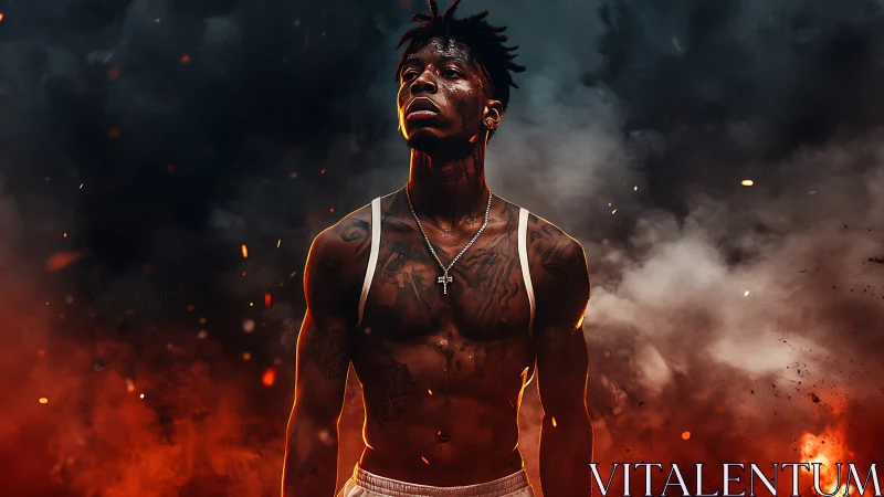 Shirtless athlete in fiery cinematic smoke environment.