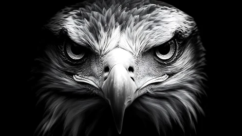 Dramatic close-up of eagle’s face in high-contrast black and white.