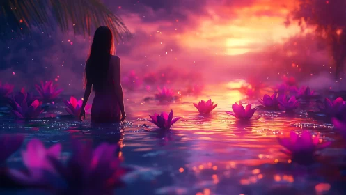 Silhouette girl stands in lotus filled water at vivid sunset
