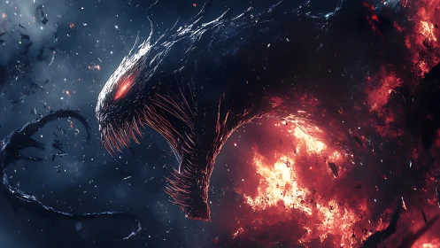 Fireborn cosmic beast roaring through the starry void.