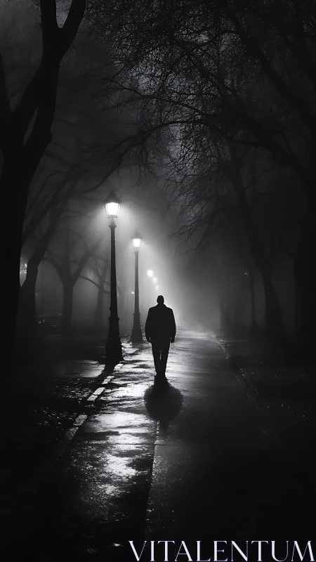 Silhouetted person walks alone on wet foggy park path