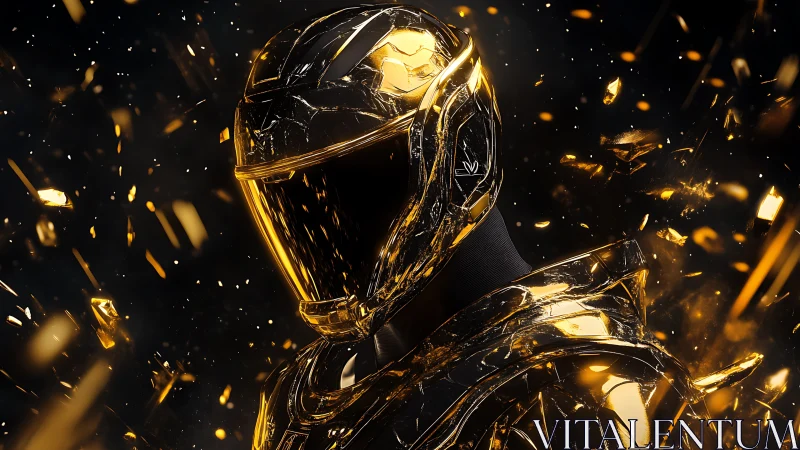Metallic helmeted figure stands amid suspended golden shards