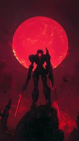 Crimson moon sentinel mech ignites a stormlit skyline.