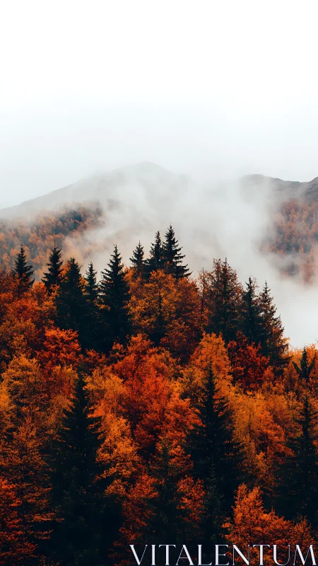 Autumn forest landscape with mountains under heavy fog conditions