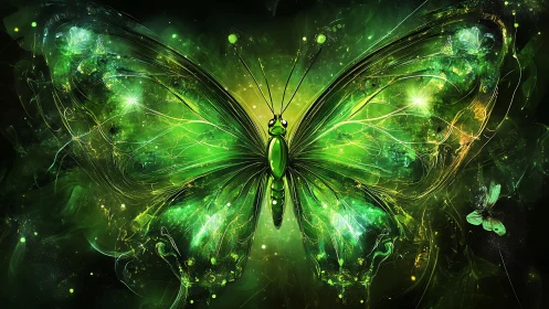 Luminous emerald butterfly radiates cosmic, electric energy.