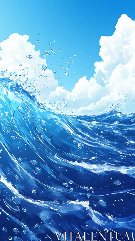 Digital seascape shows stylized wave surface and cloud backdrop