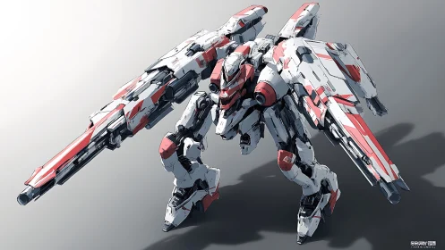 Winged battle mech stands ready with bold red armor