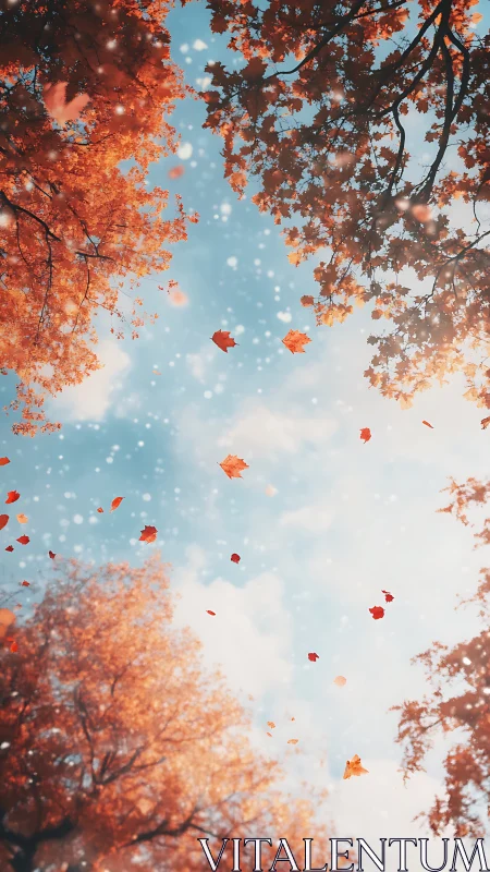 Autumn canopy viewed upward with drifting leaves in soft focus