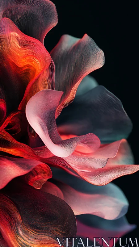 Shimmering abstract petals curl softly in glowing color waves