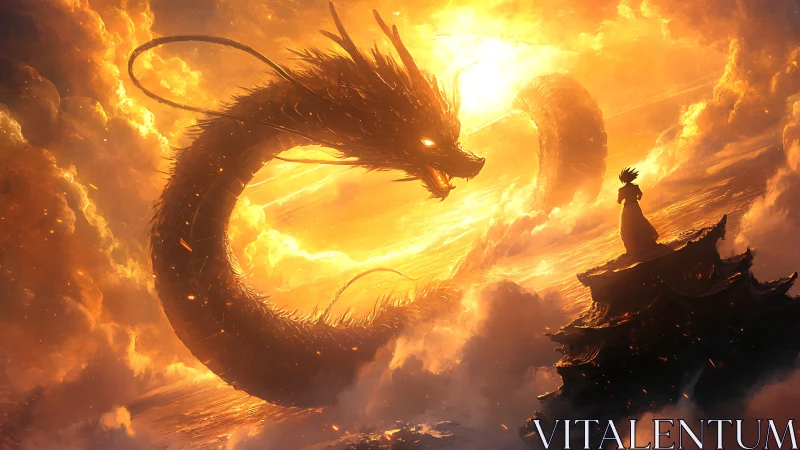 Sunlit sky dragon meeting a lone dreamer above the clouds.