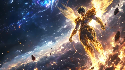 Stellar-scale winged warrior in radiative golden exo-armor.
