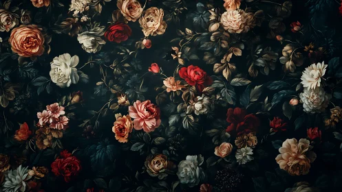 Floral Composition with Roses and Botanical Elements on Dark Ground.