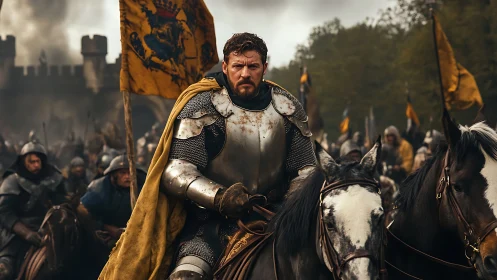 Stoic knight leading a storm of banners into battle.