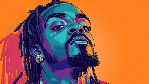 Pop art vector portrait with neon contour shading on orange field.