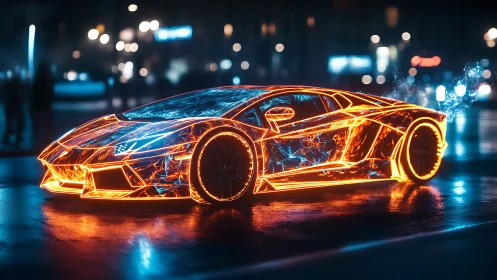 Neon outlined sports car is rendered on a wet city street